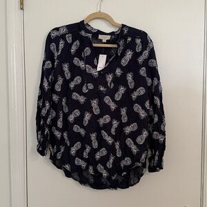LOFT Dark Blue Top with White Pineapple Design